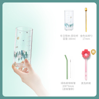 冬日雪林-380ml[配搅拌勺/吸管/吸管刷/杯刷]|玻璃杯带把刻度牛奶咖啡花茶马克杯子带盖勺泡茶杯家用吸管水杯女