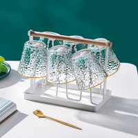 [矮款]金边锤纹杯6只装+杯架|玻璃杯描金锤纹金边喝水杯子套装家用日式ins风牛奶杯咖啡