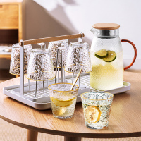 【组合】1.5L锤纹壶+矮款金边杯6只+杯架+沥水盘|玻璃杯描金锤纹金边喝水杯子套装家用日式ins风牛奶杯咖啡