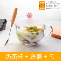 杯+木柄勺+透明(食品级硅胶盖)|透明燕麦早餐杯牛奶咖啡玻璃杯子家用带盖勺大肚水杯ins风女带把