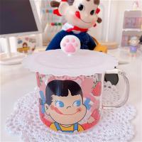 大头牛奶妹玻璃杯+猫爪杯盖|日系牛奶草莓少女玻璃水杯牛奶草莓咖啡杯学生早餐耐热喝水杯礼物