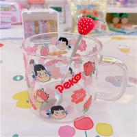 多个牛奶妹玻璃杯+草莓勺子|日系牛奶草莓少女玻璃水杯牛奶草莓咖啡杯学生早餐耐热喝水杯礼物