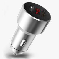 纯金属圆头中间数显双U209金色|12/24v汽车车充一拖二多功能数字显示快充车载充电器转接头D2