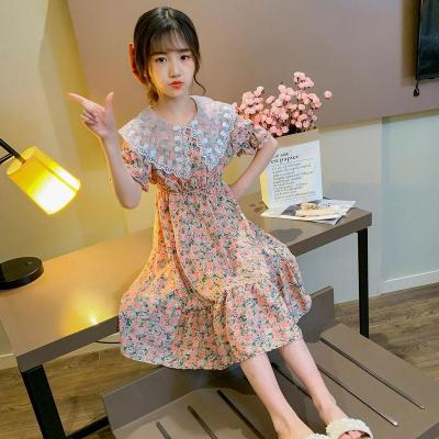 初中学生女童连衣裙夏装娃娃领蕾丝款洋气小女孩碎花长裙可爱公主裙