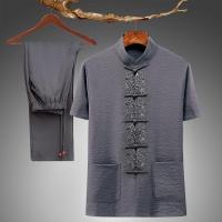 中老年唐装男短袖棉麻套装爸爸夏装爷爷中国风复古汉服老人两件套