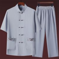 中老年男装短袖衬衫爸爸套装夏季立领衬衣中国风爷爷老年人衣服男