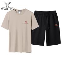 九鹿王-刺绣纯棉套装男夏季新款短袖T恤男士大码宽松潮流运动短裤