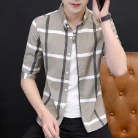 夏季七分袖男士修身花衬衫薄款短袖立领上衣青少年格子中袖衬衣潮
