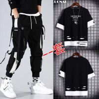 工装裤套装男学生短袖T恤裤子一套五分袖嘻哈潮牌运动休闲九分裤