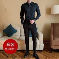 白衬衫西裤套装男秋季长袖定制印logo绣字正装工装职业衬衣配裤子