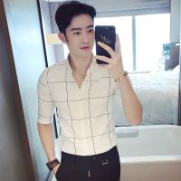 衬衫男短袖修身韩版潮流夏季男士休闲格子中袖寸衣帅气七分袖衬衣