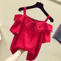 一字肩上衣女夏2020新款韩版小清新洋气小衫红色露肩吊带雪纺衫仙