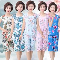 中年妈妈装夏季棉绸睡衣女夏短袖中老年人造棉套装夏天绵绸两件套