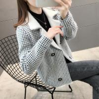 仿水貂毛格子双排扣小个子显高短款针织洋气开衫外套2020年新款女