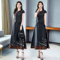 复古唐装两件套洋气套装长裙20年夏季新款显瘦文艺女装大码套裙潮