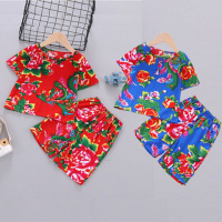 新款夏季短袖幼儿棉绸空调服男女童家居服人造棉大花布套装睡衣薄