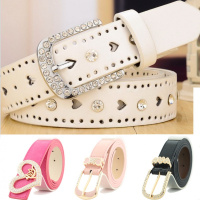时尚水钻女士皮带白色韩版带钻学生爱心镶钻裤带牛仔百搭镂空腰带