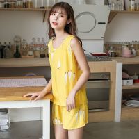 棉绸夏季无袖睡衣两件套装背心短裤薄款大码宽松女士人造棉家居服