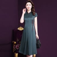 真丝裙子2020新款夏装中年大码宽松收腰显瘦刺绣仿桑蚕丝连衣裙女
