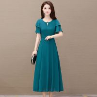 贵夫人纯色高贵雪纺连衣裙女夏2020新款中年妈妈气质显瘦长裙子