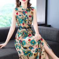 2020夏季新款无袖开叉欧美气质大摆长裙修身复古印花连衣裙女潮新