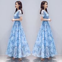 2020新款提花刺绣网纱印花雪纺连衣裙夏长款收腰短袖沙滩裙长裙女