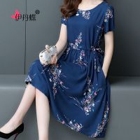 [有口袋]中老年女夏装棉绸连衣裙过膝中长款妈妈装短袖大码裙子