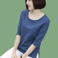 [高档竹节棉]2020夏季新款五分袖大码宽松V领竹节棉中袖T恤女