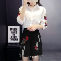 单件/套装可选2020春夏套装裙刺绣半袖衬衫+牛仔A字半身裙两件套