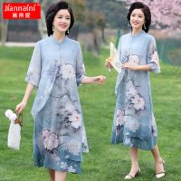 妈妈夏装洋气旗袍连衣裙假两件40岁50中老年女阔太太高贵雪纺裙子