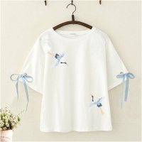 日系森女夏装初中学生仙鹤刺绣学生软妹宽松短袖少女古风T恤上衣