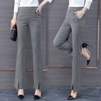 格子裤女喇叭裤2020新款夏季千鸟格高腰开叉弹力坠感微喇叭裤时尚