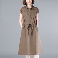 棉麻连衣裙女2020夏季新款纯色宽松休闲收腰显瘦短袖中长裙衬衫裙