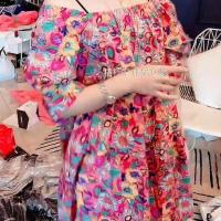 欧洲站气质薄款一字肩碎花连衣裙女夏季a字宽松显瘦泡泡袖花裙子