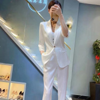 欧货2020夏季新款气质条纹两件套九分裤仿醋酸真丝职业西装套装女