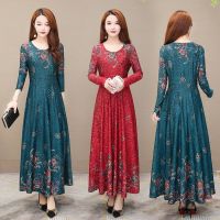 气质女装贵夫人定位印花裙子女2020春季新款圆领修身大摆裙连衣裙