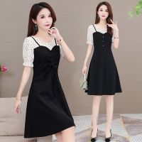 波点拼接连衣裙女夏季2020新款韩版修身中长款收腰大码短袖A字裙