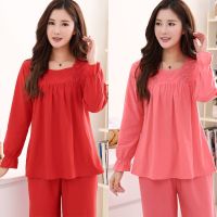 睡衣女士春秋季纯棉长袖夏红色家居服冬中老年人妈妈宽松大码套装