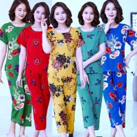 短袖睡衣女夏天妈妈装棉绸女式睡衣可外穿中老年人居家服绵绸柔软