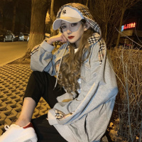 社会女外套快手网红大美巨婴同款格子连帽开衫精神百搭情侣上衣男