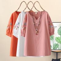 胖人加大码女装绣花中袖棉麻上衣胖妹妹夏装清新文艺宽松显瘦T恤