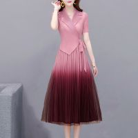 西装领连衣裙女夏2020新款时尚短袖渐变长款网纱显瘦褶皱魔术裙子