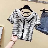 黑白条纹娃娃领短袖T恤女夏装2020年新款高腰巨显瘦修身短款上衣