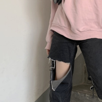 胖妹妹宽松牛仔裤女2020新款女装高腰黑色破洞直筒阔腿裤子显瘦潮