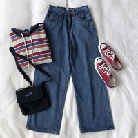 RENA梨形身材少女穿搭秋冬深色遮肉高腰显瘦休闲阔腿裤牛仔长裤