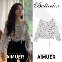 秋冬韩国chic宽松方领上衣洋气抽绳设计感小众衬衣碎花雪纺衬衫女