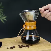 手冲咖啡滤杯咖啡壶套家用耐热玻璃咖啡分享壶滴漏式咖啡过滤网杯|木柄透明手冲壶400mL+304滤网