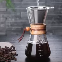 手冲咖啡滤杯咖啡壶套家用耐热玻璃咖啡分享壶滴漏式咖啡过滤网杯|木柄透明手冲壶600mL+304滤网