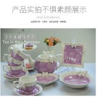 欧式咖啡杯下午茶茶具茶壶轻奢陶瓷杯创意家用装花茶咖啡具套装|一壶二盘一沙拉碗4套杯(整套) 蝴蝶结紫玫瑰