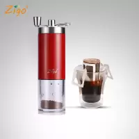 不锈钢手动咖啡豆研磨机家用手摇现磨豆机小巧便携迷你水洗|磨豆机(中国红)+挂耳滤袋